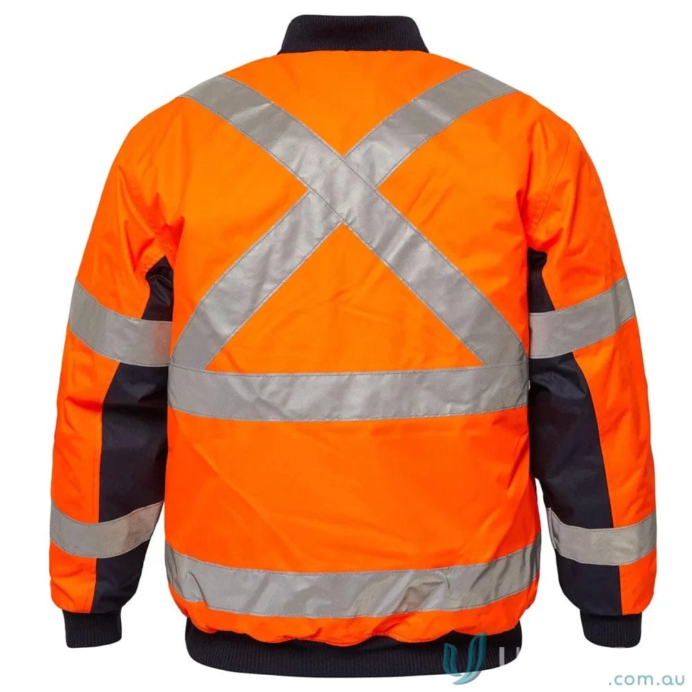 Hi-vis bomber jacket back view, orange with navy panels and X-pattern reflective tape