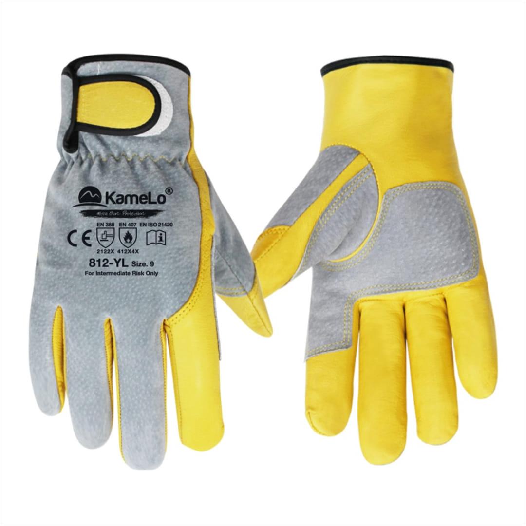 Reinforced rigger glove, model 812-YL, yellow leather palm with grey suede knuckle reinforcement