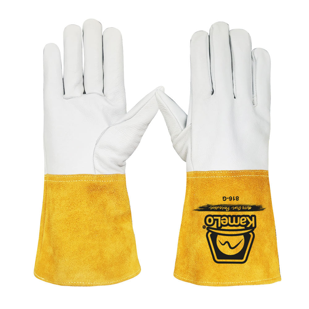 TIG welding glove, model 816-G, white grain leather palm with yellow split-leather gauntlet cuff