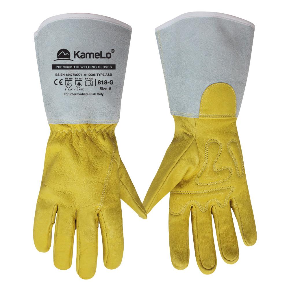 Premium TIG welding glove, model 818-G, yellow leather palm with grey split-leather gauntlet cuff