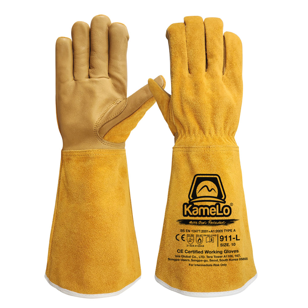 Extended cuff driver glove, model 911-L, tan grain leather with split-leather back and gauntlet