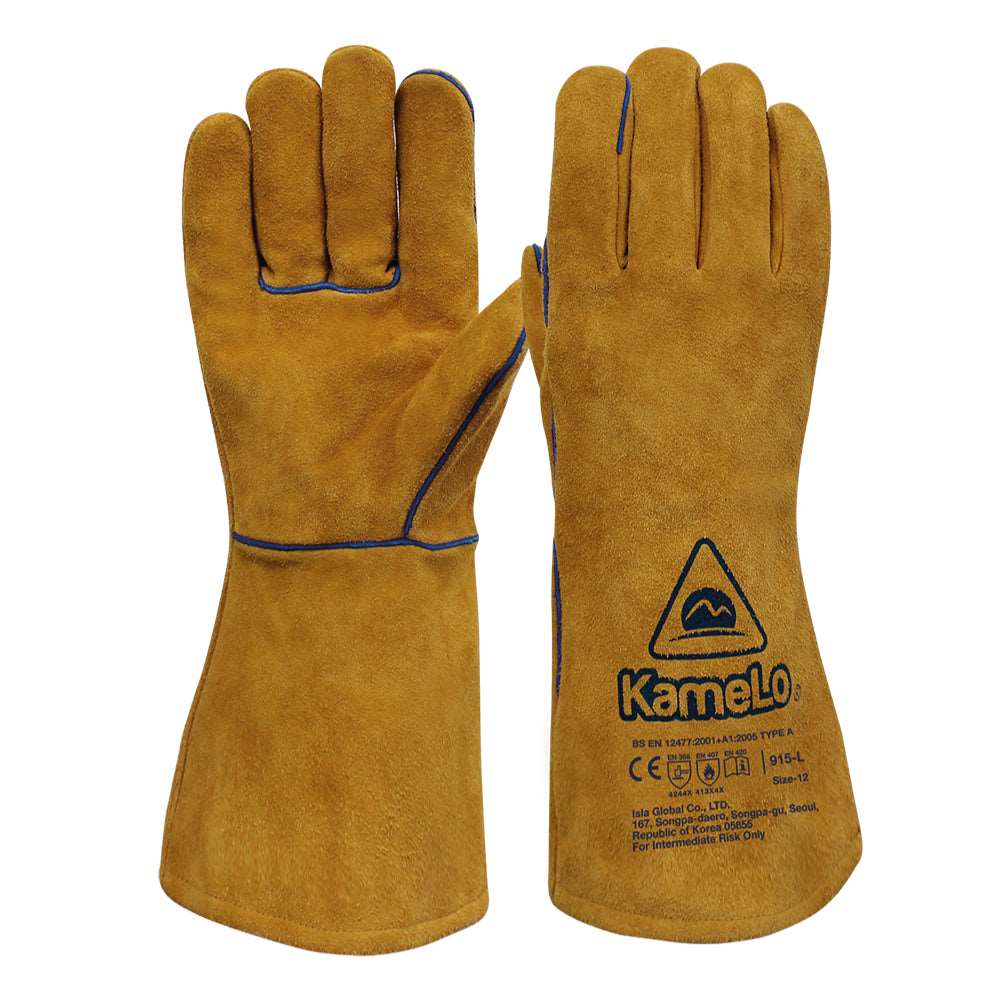 Welding gauntlet glove, model 915-L, gold split-leather with blue contrast stitching