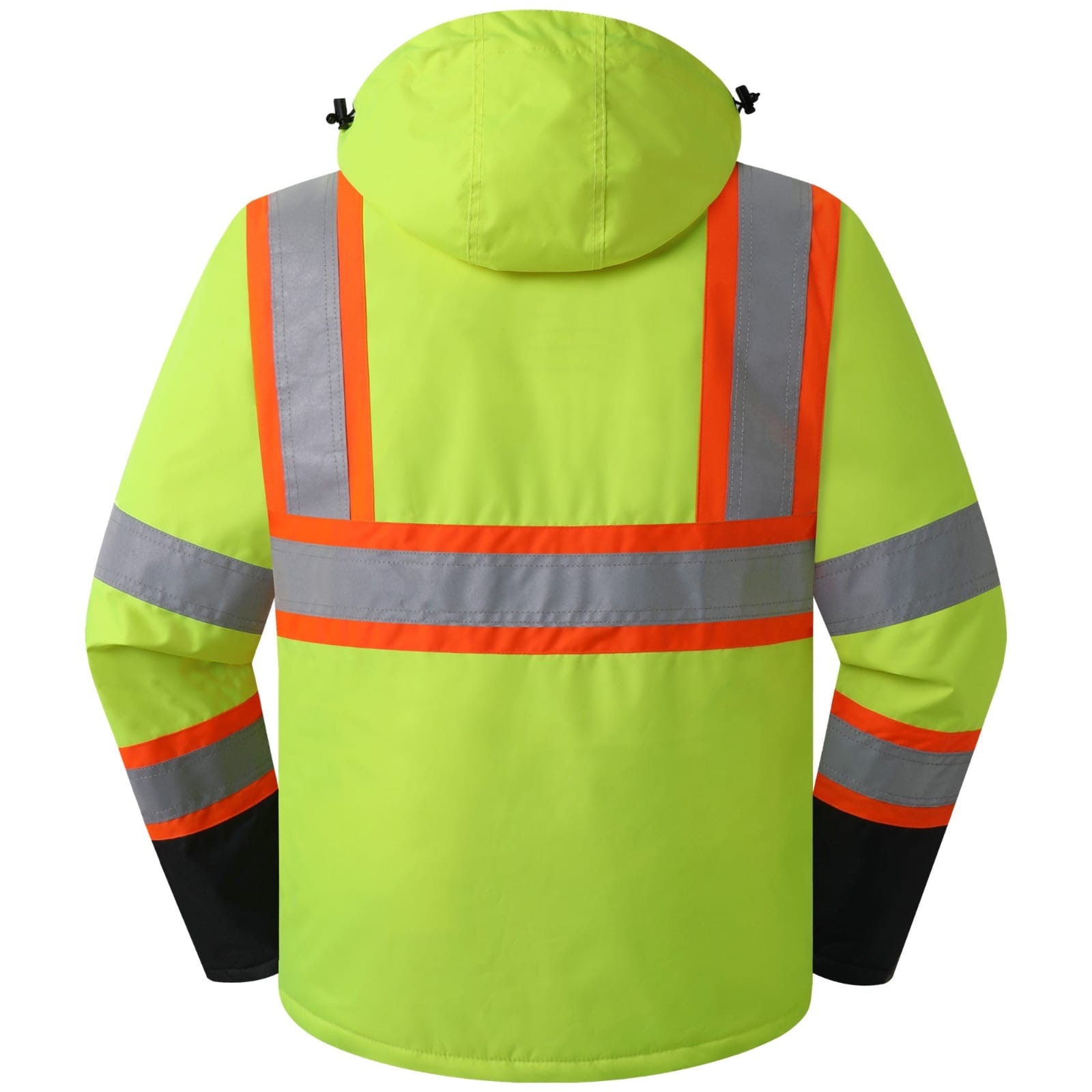 Insulated hi-vis safety parka back view showing reflective tape