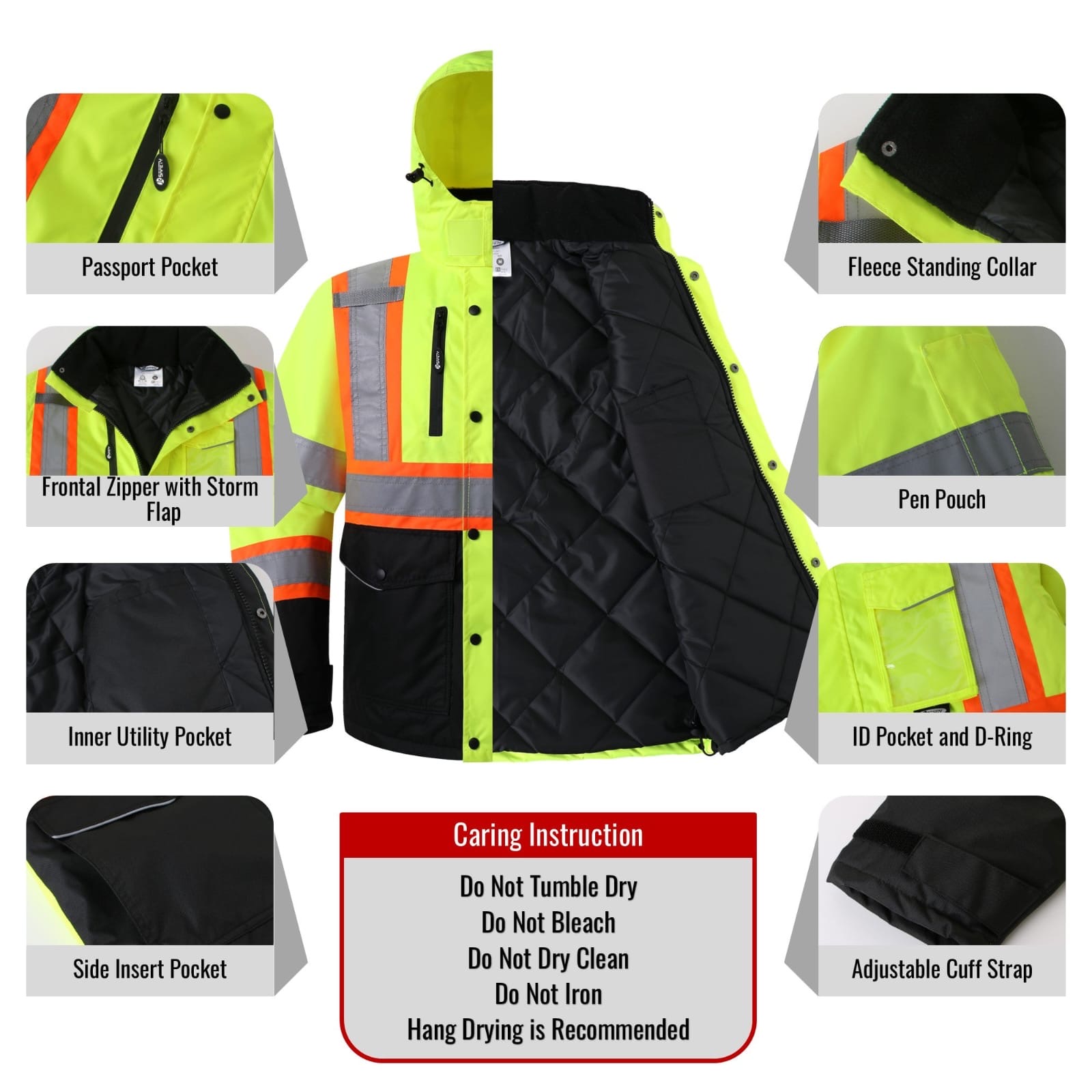 Insulated parka construction detail: passport pocket, fleece standing collar, frontal zipper with storm flap, pen pouch, inner utility pocket, ID pocket and D-ring, side insert pocket, adjustable cuff strap