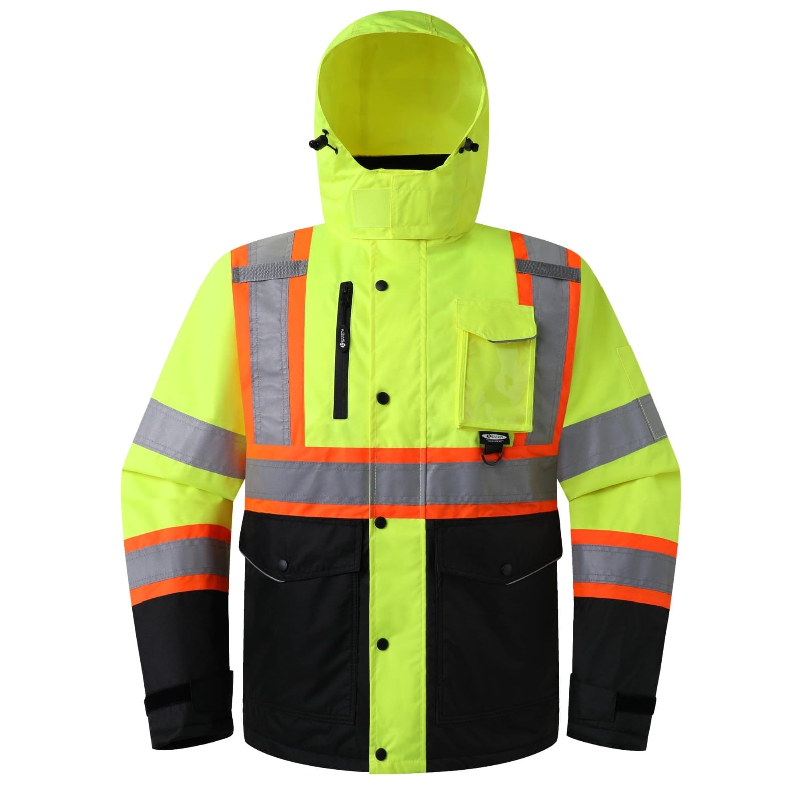 Insulated hi-vis safety parka front view, lime and black two-tone