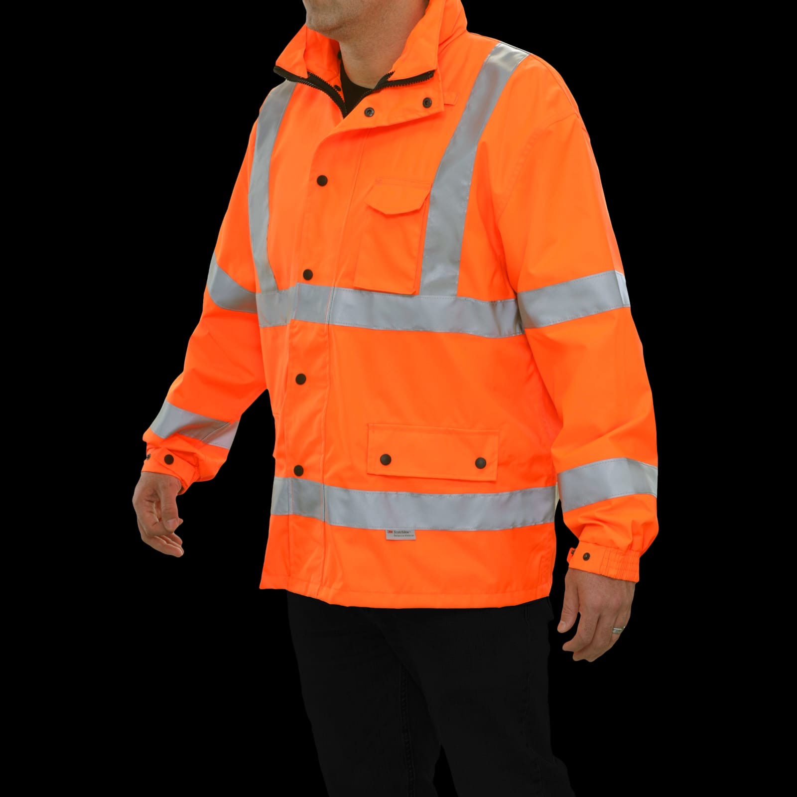 Model wearing hi-vis waterproof rain jacket in orange with reflective bands