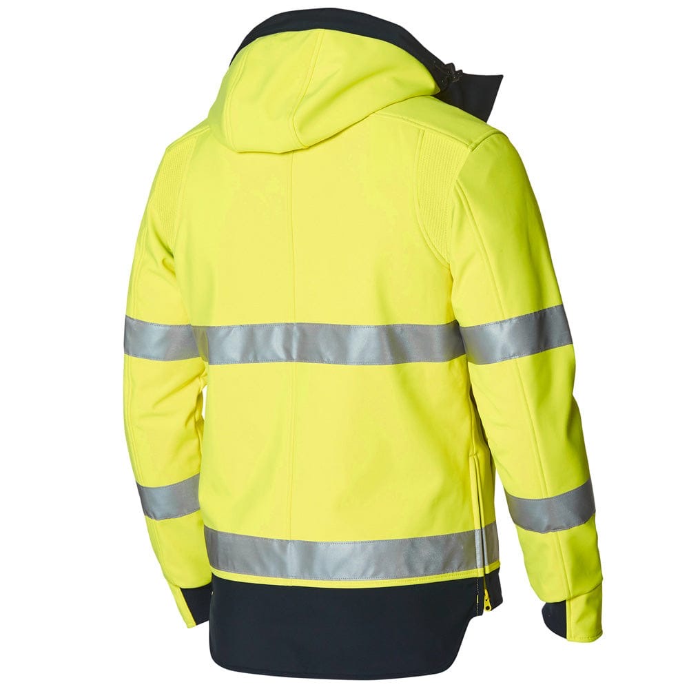 Hi-vis softshell jacket back view showing 3M reflective tape
