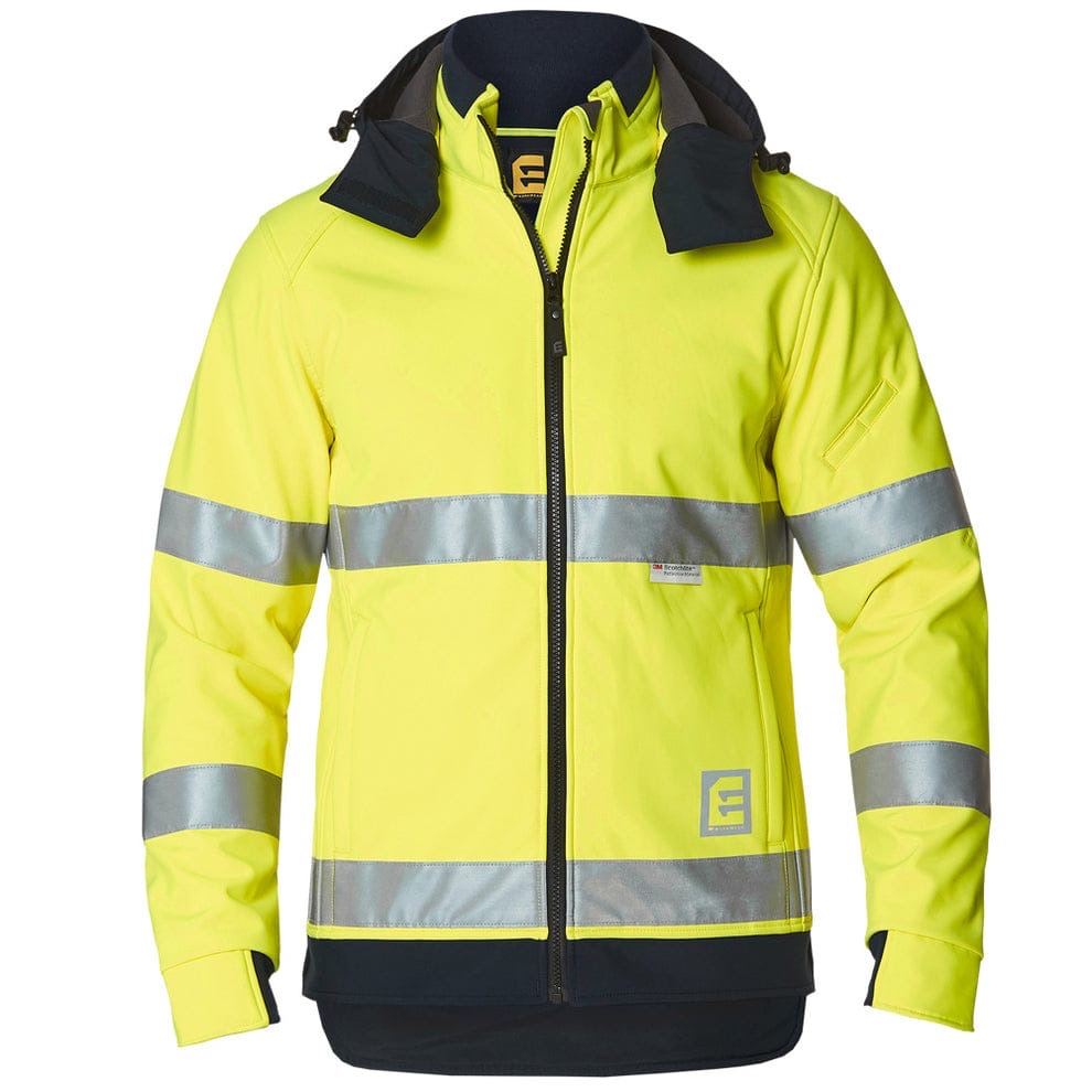 Hi-vis softshell jacket front view, yellow with navy trim and fleece collar
