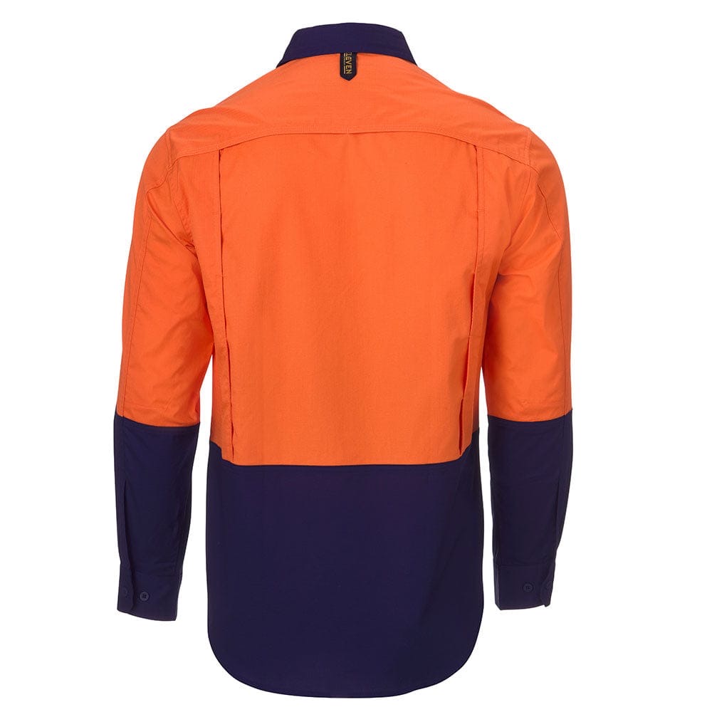 Two-tone hi-vis work shirt back view, orange and navy
